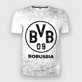 Мужская футболка 3D Slim с принтом Borussia с потертостями на светлом фоне в Санкт-Петербурге, 100% полиэстер с улучшенными характеристиками | приталенный силуэт, круглая горловина, широкие плечи, сужается к линии бедра | 