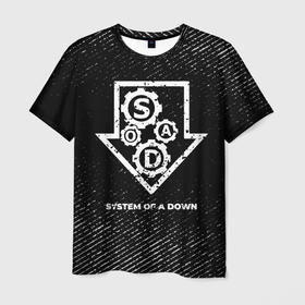 Мужская футболка 3D с принтом System of a Down с потертостями на темном фоне в Рязани, 100% полиэфир | прямой крой, круглый вырез горловины, длина до линии бедер | 