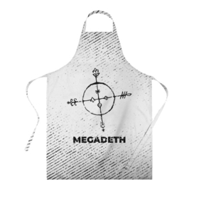 Фартук 3D с принтом Megadeth с потертостями на светлом фоне в Кировске, 100% полиэстер | общий размер — 65 х 85 см, ширина нагрудника — 26 см, горловина — 53 см, длина завязок — 54 см, общий обхват в поясе — 173 см. Принт на завязках и на горловине наносится с двух сторон, на основной части фартука — только с внешней стороны | 