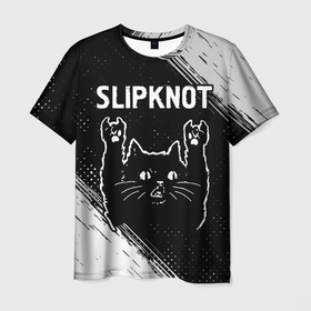 Мужская футболка 3D с принтом Группа Slipknot и рок кот в Рязани, 100% полиэфир | прямой крой, круглый вырез горловины, длина до линии бедер | 