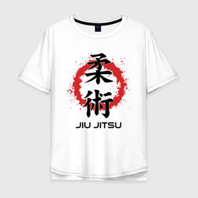 Мужская футболка хлопок Oversize с принтом Jiu jitsu red splashes logo в Санкт-Петербурге, 100% хлопок | свободный крой, круглый ворот, “спинка” длиннее передней части | 
