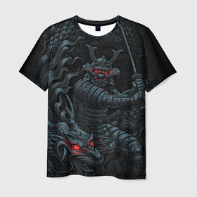 Мужская футболка 3D с принтом Демонический самурай с драконом в Петрозаводске, 100% полиэфир | прямой крой, круглый вырез горловины, длина до линии бедер | Тематика изображения на принте: 