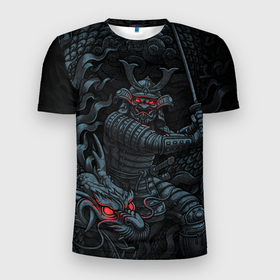 Мужская футболка 3D Slim с принтом Демонический самурай с драконом в Тюмени, 100% полиэстер с улучшенными характеристиками | приталенный силуэт, круглая горловина, широкие плечи, сужается к линии бедра | 