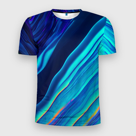 Мужская футболка 3D Slim с принтом Голографические волны, тёмная абстракция в Екатеринбурге, 100% полиэстер с улучшенными характеристиками | приталенный силуэт, круглая горловина, широкие плечи, сужается к линии бедра | Тематика изображения на принте: 