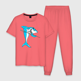 Мужская пижама хлопок с принтом Акула играет в бильярд , 100% хлопок | брюки и футболка прямого кроя, без карманов, на брюках мягкая резинка на поясе и по низу штанин
 | 