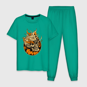 Мужская пижама хлопок с принтом Огненно оранжевый череп , 100% хлопок | брюки и футболка прямого кроя, без карманов, на брюках мягкая резинка на поясе и по низу штанин
 | 