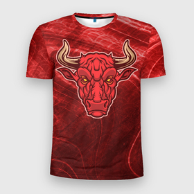 Мужская футболка 3D Slim с принтом Красный бык на фоне красной текстуры в Новосибирске, 100% полиэстер с улучшенными характеристиками | приталенный силуэт, круглая горловина, широкие плечи, сужается к линии бедра | 
