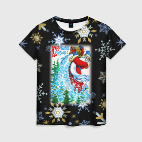 Женская футболка 3D с принтом Новый год дед мороз рассыпает снег в Новосибирске, 100% полиэфир ( синтетическое хлопкоподобное полотно) | прямой крой, круглый вырез горловины, длина до линии бедер | 