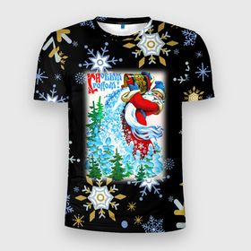 Мужская футболка 3D Slim с принтом Новый год дед мороз рассыпает снег в Санкт-Петербурге, 100% полиэстер с улучшенными характеристиками | приталенный силуэт, круглая горловина, широкие плечи, сужается к линии бедра | Тематика изображения на принте: 