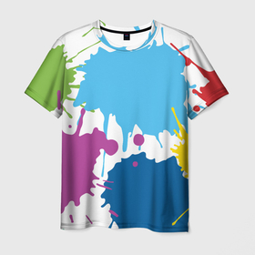Мужская футболка 3D с принтом Цветные кляксы на белом фоне в Курске, 100% полиэфир | прямой крой, круглый вырез горловины, длина до линии бедер | 