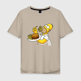 Мужская футболка хлопок Oversize с принтом Гомер Симпсон набил рот картофелем фри в Екатеринбурге, 100% хлопок | свободный крой, круглый ворот, “спинка” длиннее передней части | 