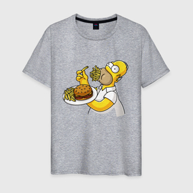 Мужская футболка хлопок с принтом Гомер Симпсон набил рот картофелем фри в Тюмени, 100% хлопок | прямой крой, круглый вырез горловины, длина до линии бедер, слегка спущенное плечо. | 