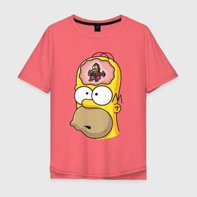 Мужская футболка хлопок Oversize с принтом Мартышка бьёт в тарелки в голове Гомера Симпсона , 100% хлопок | свободный крой, круглый ворот, “спинка” длиннее передней части | 