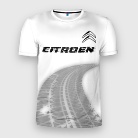 Мужская футболка 3D Slim с принтом Citroen speed на светлом фоне со следами шин: символ сверху в Петрозаводске, 100% полиэстер с улучшенными характеристиками | приталенный силуэт, круглая горловина, широкие плечи, сужается к линии бедра | 