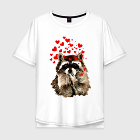 Мужская футболка хлопок Oversize с принтом Поцелуйчик енота с сердечками в Петрозаводске, 100% хлопок | свободный крой, круглый ворот, “спинка” длиннее передней части | 