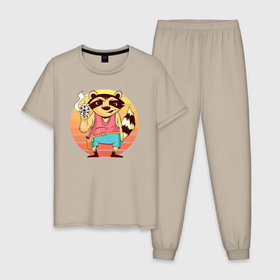 Мужская пижама хлопок с принтом Енот с револьвером в Белгороде, 100% хлопок | брюки и футболка прямого кроя, без карманов, на брюках мягкая резинка на поясе и по низу штанин
 | 