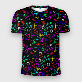 Мужская футболка 3D Slim с принтом League Of Legends: Arcane neon logo в Екатеринбурге, 100% полиэстер с улучшенными характеристиками | приталенный силуэт, круглая горловина, широкие плечи, сужается к линии бедра | Тематика изображения на принте: 