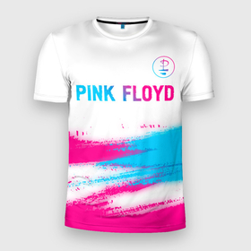 Мужская футболка 3D Slim с принтом Pink Floyd neon gradient style: символ сверху в Тюмени, 100% полиэстер с улучшенными характеристиками | приталенный силуэт, круглая горловина, широкие плечи, сужается к линии бедра | 