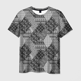 Мужская футболка 3D с принтом Black and White Ethnic Patchwork Pattern в Новосибирске, 100% полиэфир | прямой крой, круглый вырез горловины, длина до линии бедер | Тематика изображения на принте: 