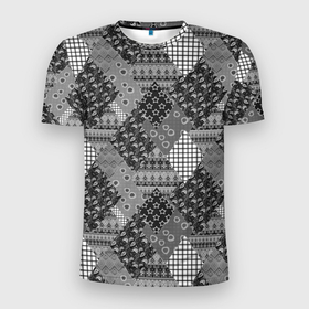 Мужская футболка 3D Slim с принтом Black and White Ethnic Patchwork Pattern в Екатеринбурге, 100% полиэстер с улучшенными характеристиками | приталенный силуэт, круглая горловина, широкие плечи, сужается к линии бедра | 