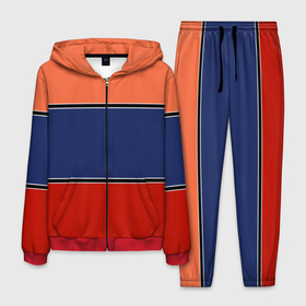 Мужской костюм 3D с принтом Combined pattern striped orange red blue в Курске, 100% полиэстер | Манжеты и пояс оформлены тканевой резинкой, двухслойный капюшон со шнурком для регулировки, карманы спереди | 