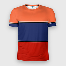 Мужская футболка 3D Slim с принтом Combined pattern striped orange red blue в Кировске, 100% полиэстер с улучшенными характеристиками | приталенный силуэт, круглая горловина, широкие плечи, сужается к линии бедра | 