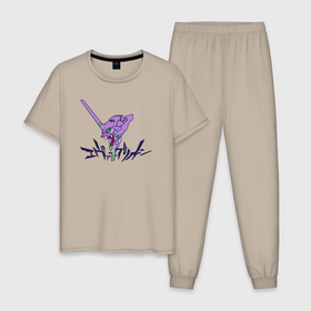 Мужская пижама хлопок с принтом Anime Evangelion unit 01 в Санкт-Петербурге, 100% хлопок | брюки и футболка прямого кроя, без карманов, на брюках мягкая резинка на поясе и по низу штанин
 | 
