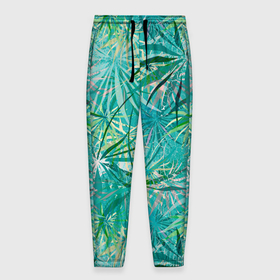 Мужские брюки 3D с принтом Тропические листья на зеленом фоне , 100% полиэстер | манжеты по низу, эластичный пояс регулируется шнурком, по бокам два кармана без застежек, внутренняя часть кармана из мелкой сетки | 