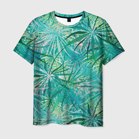 Мужская футболка 3D с принтом Тропические листья на зеленом фоне , 100% полиэфир | прямой крой, круглый вырез горловины, длина до линии бедер | 