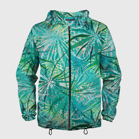 Мужская ветровка 3D с принтом Тропические листья на зеленом фоне в Курске, 100% полиэстер | подол и капюшон оформлены резинкой с фиксаторами, два кармана без застежек по бокам, один потайной карман на груди | 