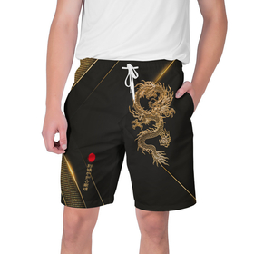 Мужские шорты 3D с принтом Golden Dragon в Новосибирске,  полиэстер 100% | прямой крой, два кармана без застежек по бокам. Мягкая трикотажная резинка на поясе, внутри которой широкие завязки. Длина чуть выше колен | 