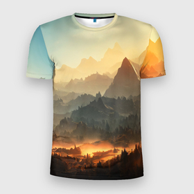 Мужская футболка 3D Slim с принтом Рассвет в горах, пейзаж в Курске, 100% полиэстер с улучшенными характеристиками | приталенный силуэт, круглая горловина, широкие плечи, сужается к линии бедра | 