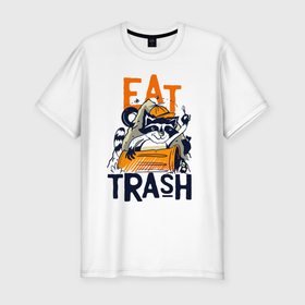 Мужская футболка хлопок Slim с принтом Ешь мусор   мусорная панда в Санкт-Петербурге, 92% хлопок, 8% лайкра | приталенный силуэт, круглый вырез ворота, длина до линии бедра, короткий рукав | 