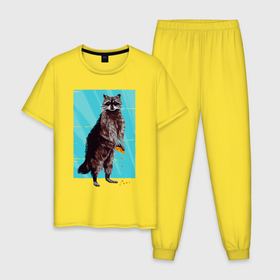 Мужская пижама хлопок с принтом Енот с печенькой в Екатеринбурге, 100% хлопок | брюки и футболка прямого кроя, без карманов, на брюках мягкая резинка на поясе и по низу штанин
 | 