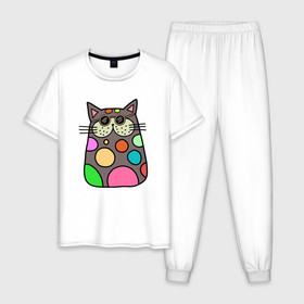 Мужская пижама хлопок с принтом Котик в разноцветных пятнах в Кировске, 100% хлопок | брюки и футболка прямого кроя, без карманов, на брюках мягкая резинка на поясе и по низу штанин
 | 