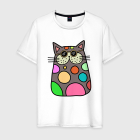 Мужская футболка хлопок с принтом Котик в разноцветных пятнах в Тюмени, 100% хлопок | прямой крой, круглый вырез горловины, длина до линии бедер, слегка спущенное плечо. | 