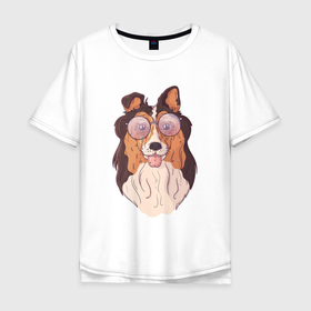 Мужская футболка хлопок Oversize с принтом Собачка в круглых очках в Тюмени, 100% хлопок | свободный крой, круглый ворот, “спинка” длиннее передней части | 