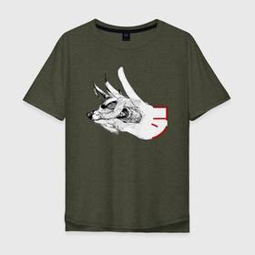 Мужская футболка хлопок Oversize с принтом Демон лис и жест кон в Кировске, 100% хлопок | свободный крой, круглый ворот, “спинка” длиннее передней части | 