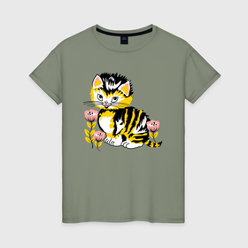 Женская футболка хлопок с принтом Милый рисунок котика и цветов в Новосибирске, 100% хлопок | прямой крой, круглый вырез горловины, длина до линии бедер, слегка спущенное плечо | 