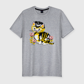 Мужская футболка хлопок Slim с принтом Милый рисунок котика и цветов в Тюмени, 92% хлопок, 8% лайкра | приталенный силуэт, круглый вырез ворота, длина до линии бедра, короткий рукав | Тематика изображения на принте: 