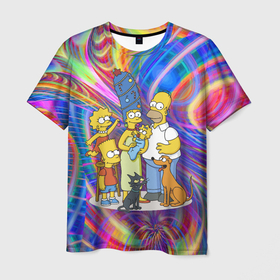 Мужская футболка 3D с принтом Семейка Симпсонов празднуют Новый Год , 100% полиэфир | прямой крой, круглый вырез горловины, длина до линии бедер | Тематика изображения на принте: 