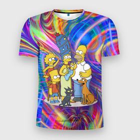Мужская футболка 3D Slim с принтом Семейка Симпсонов празднуют Новый Год в Санкт-Петербурге, 100% полиэстер с улучшенными характеристиками | приталенный силуэт, круглая горловина, широкие плечи, сужается к линии бедра | 