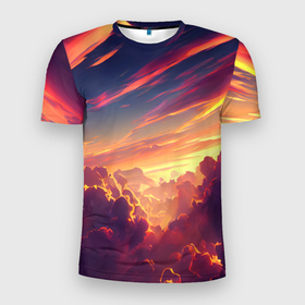 Мужская футболка 3D Slim с принтом Закатное солнце в облаках в Новосибирске, 100% полиэстер с улучшенными характеристиками | приталенный силуэт, круглая горловина, широкие плечи, сужается к линии бедра | Тематика изображения на принте: 