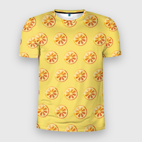 Мужская футболка 3D Slim с принтом Апельсин Паттерн   Желтая версия в Тюмени, 100% полиэстер с улучшенными характеристиками | приталенный силуэт, круглая горловина, широкие плечи, сужается к линии бедра | Тематика изображения на принте: 