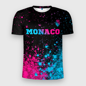 Мужская футболка 3D Slim с принтом Monaco   neon gradient: символ сверху в Новосибирске, 100% полиэстер с улучшенными характеристиками | приталенный силуэт, круглая горловина, широкие плечи, сужается к линии бедра | 