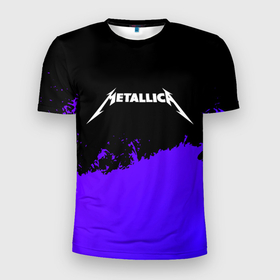 Мужская футболка 3D Slim с принтом Metallica purple grunge в Екатеринбурге, 100% полиэстер с улучшенными характеристиками | приталенный силуэт, круглая горловина, широкие плечи, сужается к линии бедра | Тематика изображения на принте: 