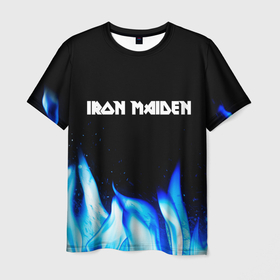 Мужская футболка 3D с принтом Iron Maiden blue fire в Кировске, 100% полиэфир | прямой крой, круглый вырез горловины, длина до линии бедер | 