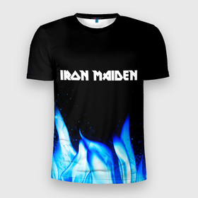 Мужская футболка 3D Slim с принтом Iron Maiden blue fire в Петрозаводске, 100% полиэстер с улучшенными характеристиками | приталенный силуэт, круглая горловина, широкие плечи, сужается к линии бедра | 