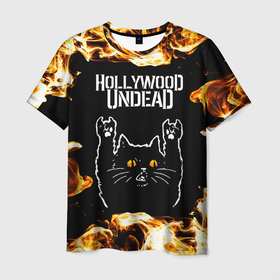 Мужская футболка 3D с принтом Hollywood Undead рок кот и огонь в Екатеринбурге, 100% полиэфир | прямой крой, круглый вырез горловины, длина до линии бедер | Тематика изображения на принте: 