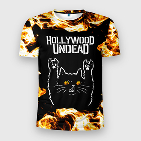 Мужская футболка 3D Slim с принтом Hollywood Undead рок кот и огонь в Екатеринбурге, 100% полиэстер с улучшенными характеристиками | приталенный силуэт, круглая горловина, широкие плечи, сужается к линии бедра | Тематика изображения на принте: 
